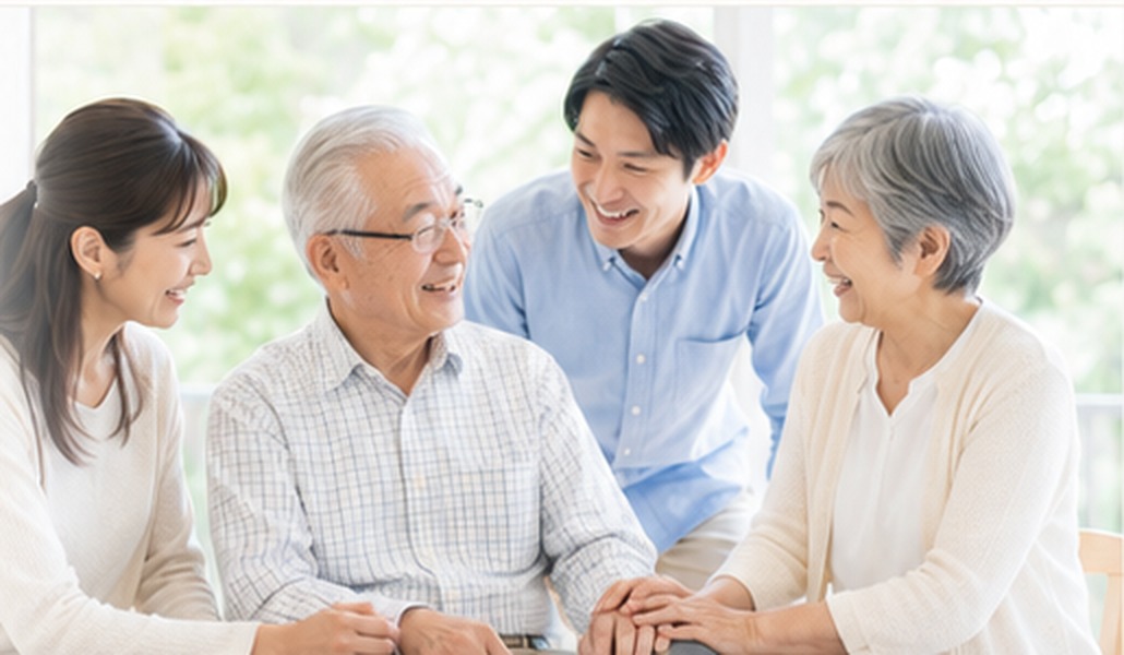 高齢のご夫婦とご家族が会話する様子